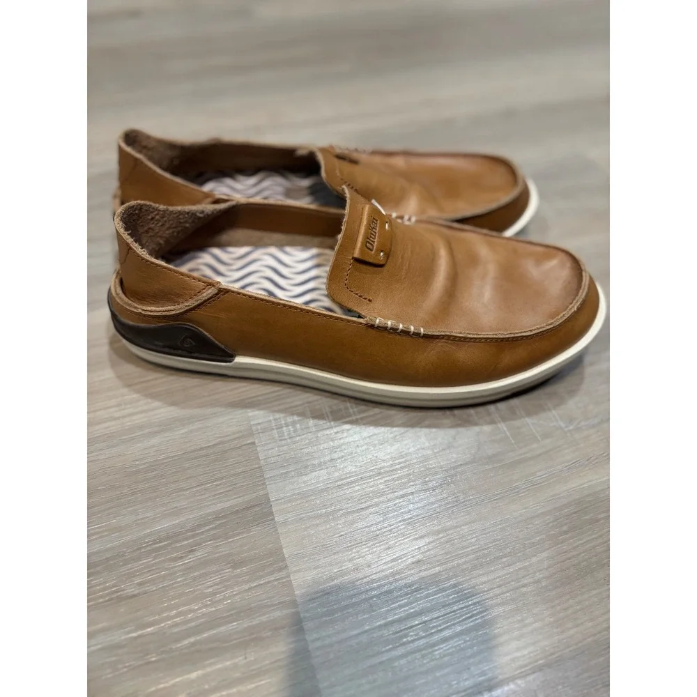 OluKai Kakaha Mens Leather Slip On Shoes Loafers Brown Fox 10490-FXFX Size 11